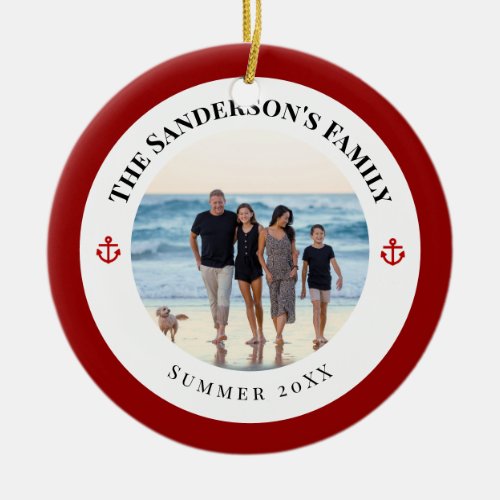 Personalized Photo in Black Circle with Red Anchor Ceramic Ornament