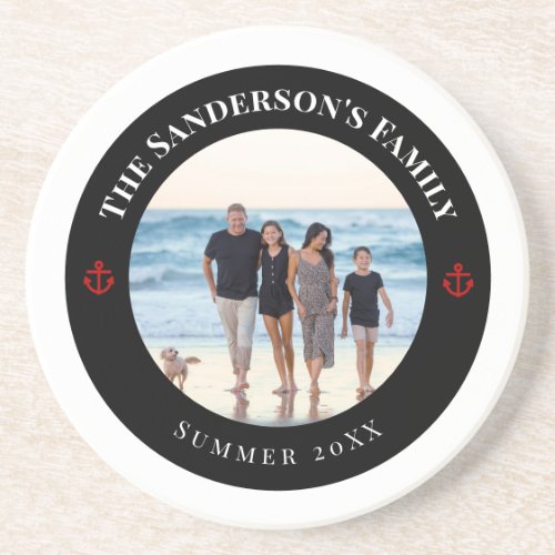 Personalized Photo in Black Circle with Red Anchor Coaster