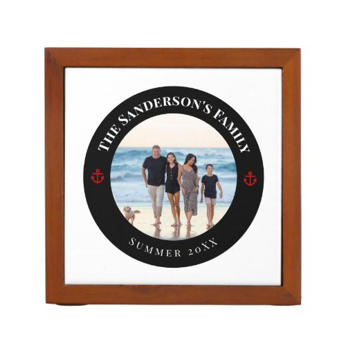 Personalized Photo in Black Circle with Red Anchor Desk Organizer
