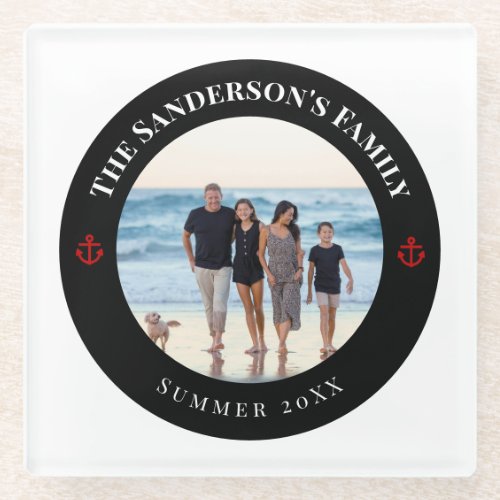 Personalized Photo in Black Circle with Red Anchor Glass Coaster