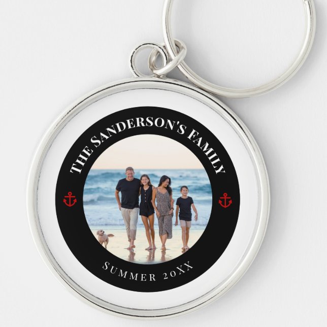 Personalized Photo in Black Circle with Red Anchor Keychain (Front)