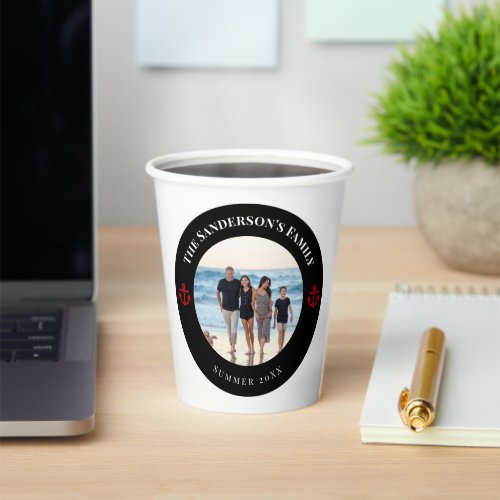 Personalized Photo in Black Circle with Red Anchor Paper Cups