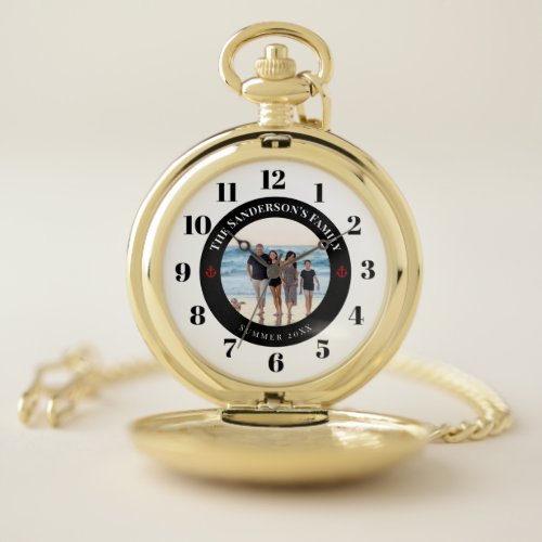 Personalized Photo in Black Circle with Red Anchor Pocket Watch
