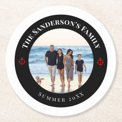 Personalized Photo in Black Circle with Red Anchor Round Paper Coaster