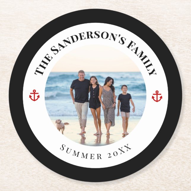 Personalized Photo in Black Circle with Red Anchor Round Paper Coaster (Front)