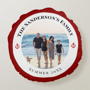 Personalized Photo in Black Circle with Red Anchor Round Pillow