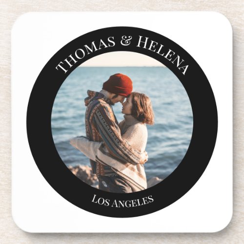 Personalized Photo in Black Circle with Texts Beverage Coaster