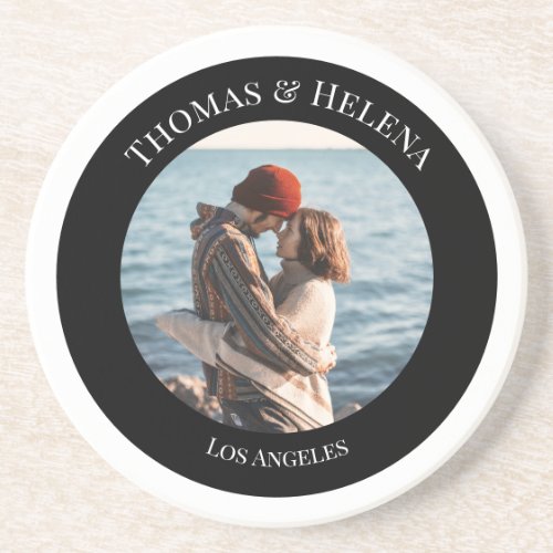 Personalized Photo in Black Circle with Texts Coaster