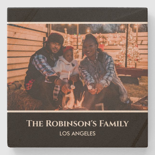 Personalized Photo in Black Frame with Texts Stone Stone Coaster (Front)