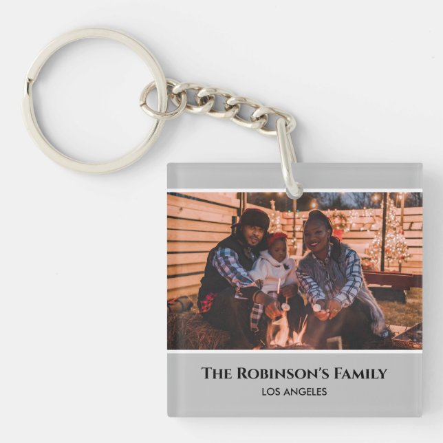Personalized Photo in Gray Frame with Texts Keychain (Front)