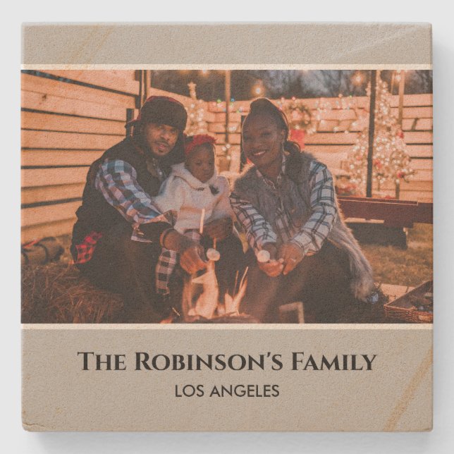 Personalized Photo in Gray Frame with Texts Stone Coaster (Front)
