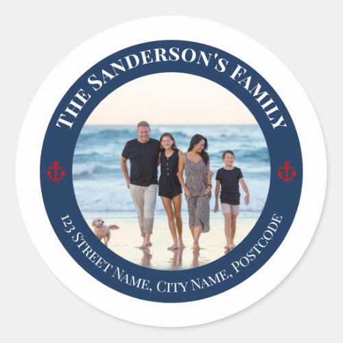 Personalized Photo in Navy Circle with Red Anchor Classic Round Sticker