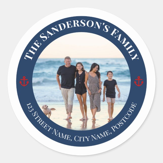 Personalized Photo in Navy Circle with Red Anchor Classic Round Sticker (Front)