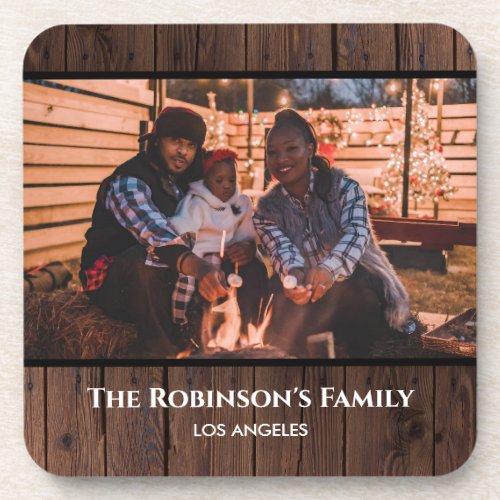 Personalized Photo in Rustic Dark Wood Texture Beverage Coaster