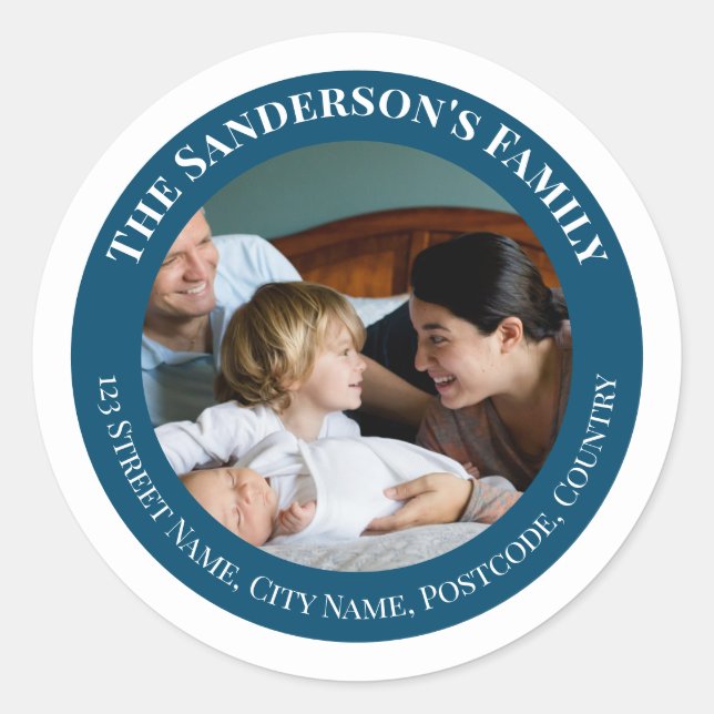 Personalized Photo in Turquoise Circle with Texts Classic Round Sticker (Front)