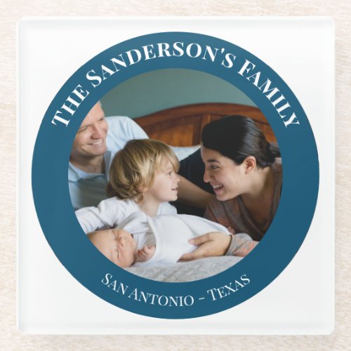 Personalized Photo in Turquoise Circle with Texts Glass Coaster