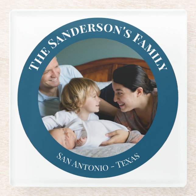 Personalized Photo in Turquoise Circle with Texts Glass Coaster (Front)
