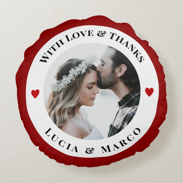 Personalized Photo in WhiteCircle with Red Heart Round Pillow (Back)