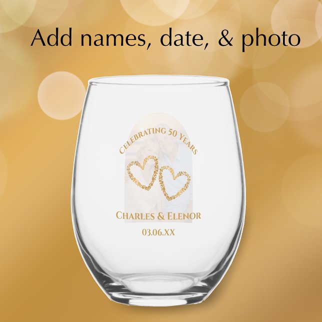 Personalized Photo Keepsake 50th Anniversary Gift Stemless Wine Glass (Add couple’s names and photo for an elegant glass 50th wedding anniversary keepsake gift.
)