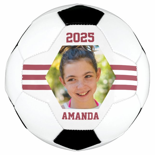 Personalized Photo Keepsake Deep Red Stripes Soccer Ball (Front)