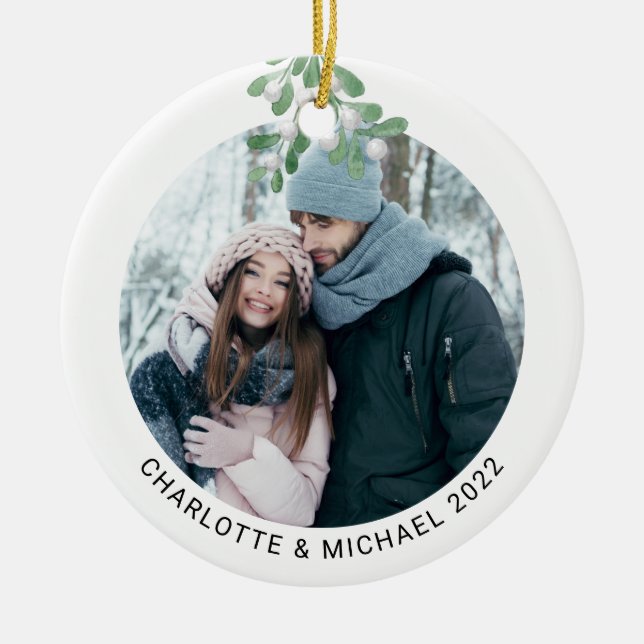Personalized Photo Keepsake Mistletoe  Ceramic Ornament (Front)