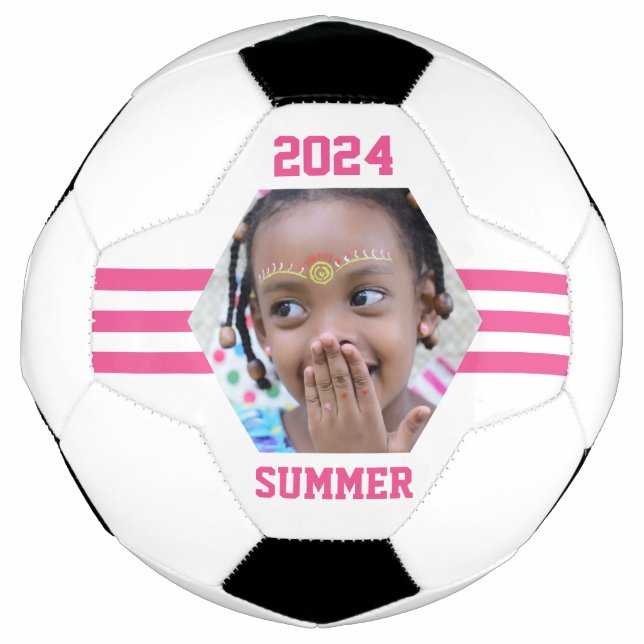 Personalized Photo Keepsake Pink Stripes Soccer Ball (Front)