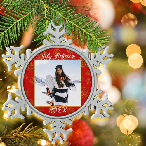 Personalized Photo Keepsake Red Snowflake Pewter Christmas Ornament