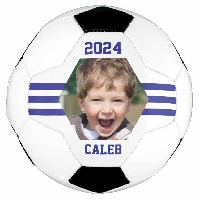 Personalized Photo Keepsake Royal Blue Stripes Soccer Ball (Front)