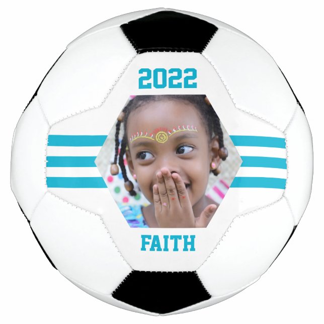 Personalized Photo Keepsake Teal Stripes Soccer Ball (Front)