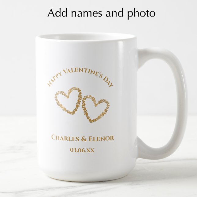 Personalized Photo Keepsake Valentines Day Gift Coffee Mug (Add couples names, photo, and custom text. Create a unique heart Valentines Day keepsake gift.)