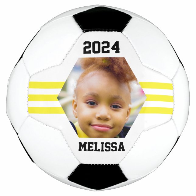 Personalized Photo Keepsake Yellow Stripes Soccer Ball (Front)