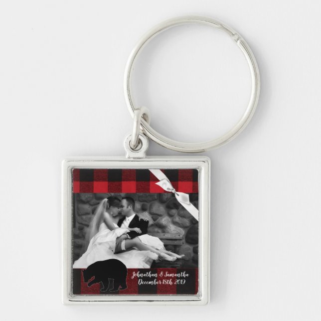 Personalized Photo Key Chain Red Buffalo Plaid Bea (Front)