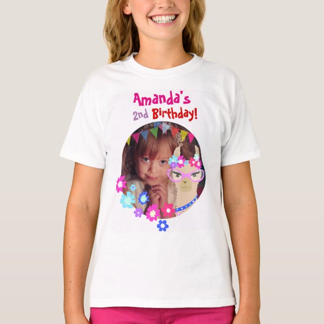 Personalized Photo Llama Birthday party girls T-Shirt (Front)