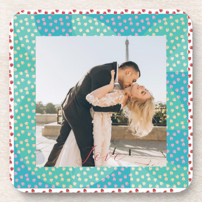 Personalized Photo Love Strawberry Frame Beverage Coaster (Front)