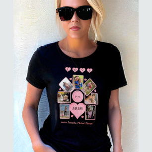 Personalized Photo LOVE you MOM with Hearts Black  T-Shirt