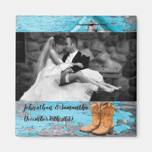 Personalized Photo Magnet Blue Wood Barn Door Boot