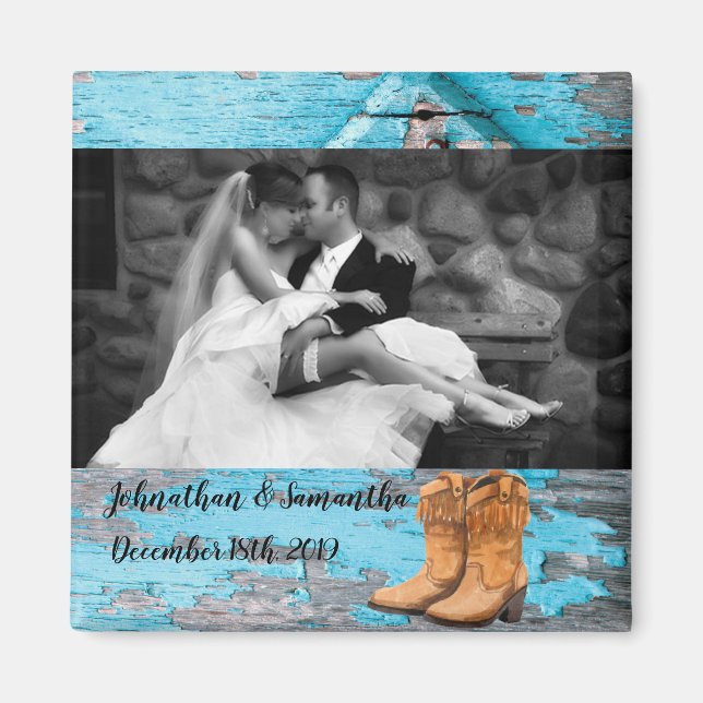 Personalized Photo Magnet Blue Wood Barn Door Boot (Front)