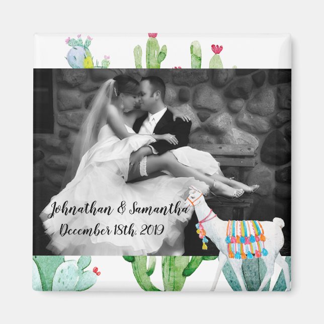 Personalized Photo Magnet Boho Llama Bohemian Cact (Front)