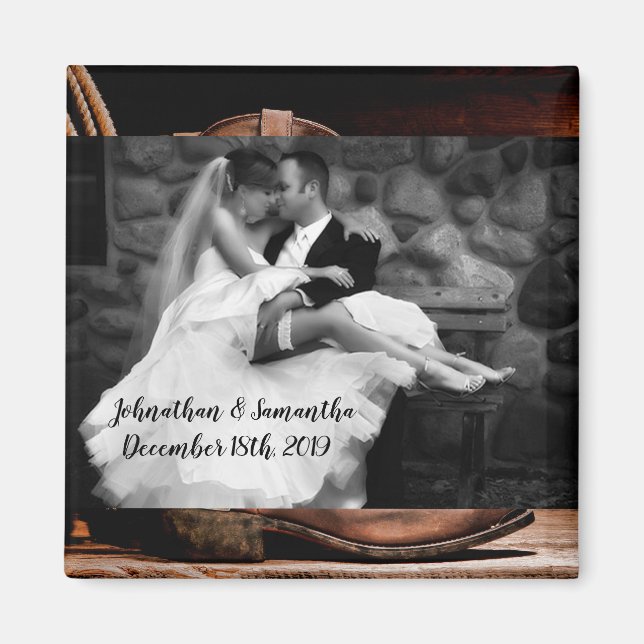 Personalized Photo Magnet Cowboy Boots Barn Wood R (Front)