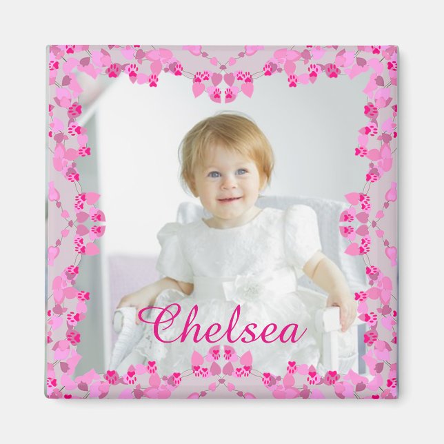 Personalized Photo Magnet Pink Border and Name (Front)
