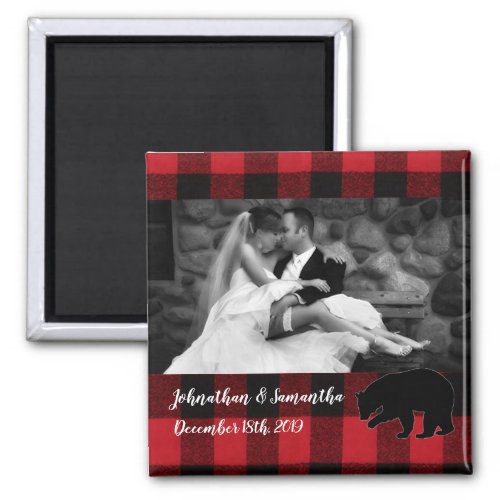 Personalized Photo Magnet Red Buffalo Plaid Bear