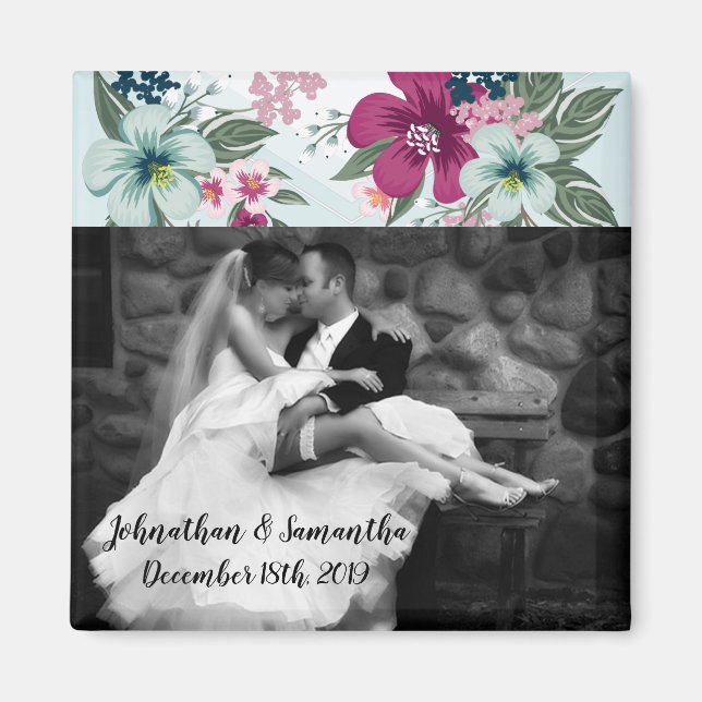 Personalized Photo Magnet Tropical Flower on Blue (Front)