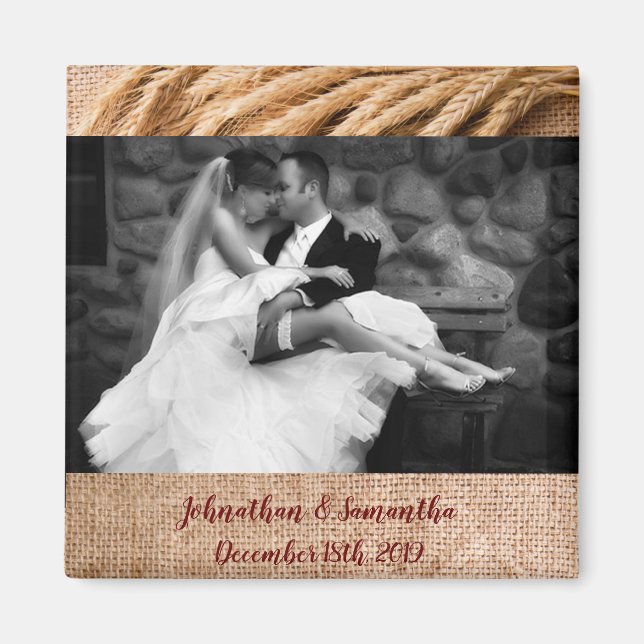 Personalized Photo Magnet Wheat on Burlap Sack Cou (Front)