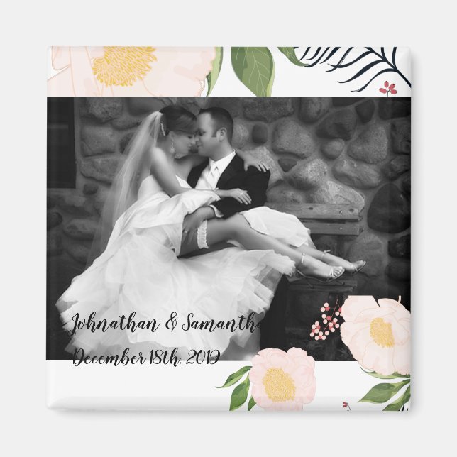 Personalized Photo Magnet White Floral Flowers on (Front)
