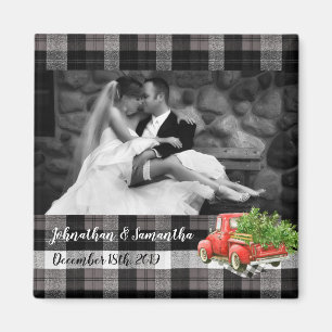 Personalized Photo Magnet XMAS Truck Baffalo Plaid