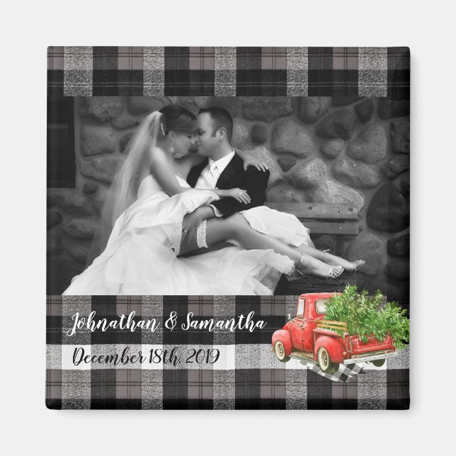Personalized Photo Magnet XMAS Truck Baffalo Plaid (Front)