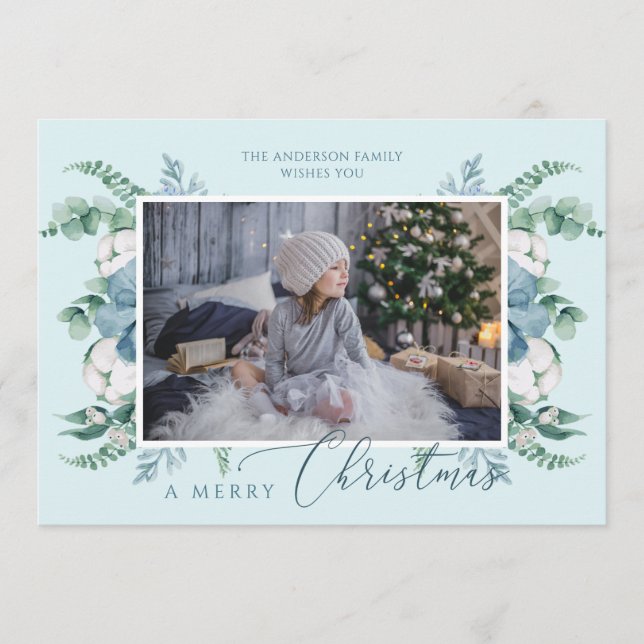 Personalized Photo Merry Christmas Botanical Holiday Card (Front)