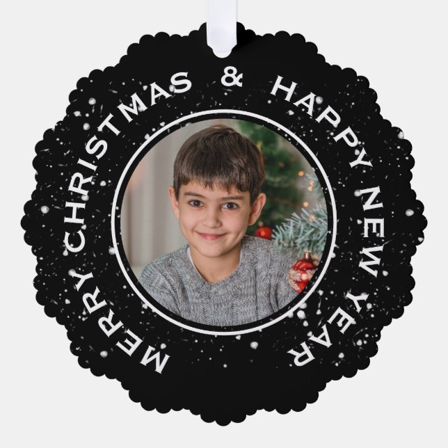 PERSONALIZED PHOTO MERRY CHRISTMAS HAPPY NEW YEAR ORNAMENT CARD (Front)