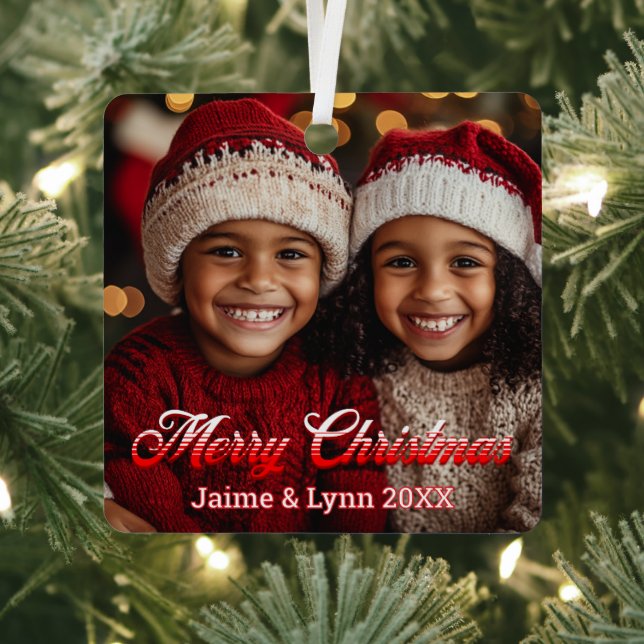 Personalized Photo Merry Christmas Names and Date Metal Ornament (Insitu)