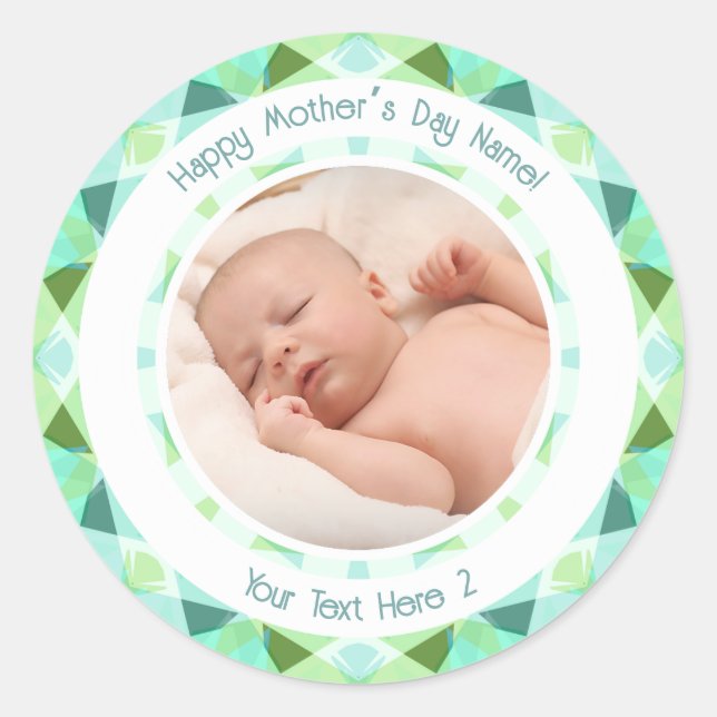 Personalized Photo Message Green Blue Mother’s Day Classic Round Sticker (Front)